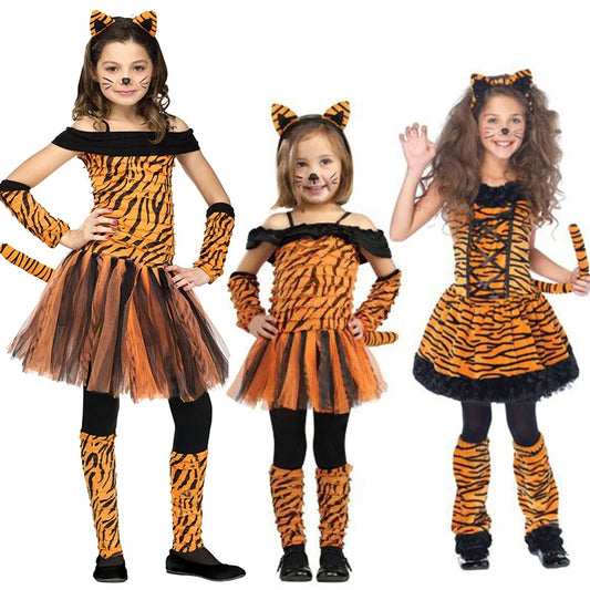 Reneecho Custume Kids Girl Tiger Fancy Dress Tiger Child Costume Halloween Purim Carnival Outfit Kids