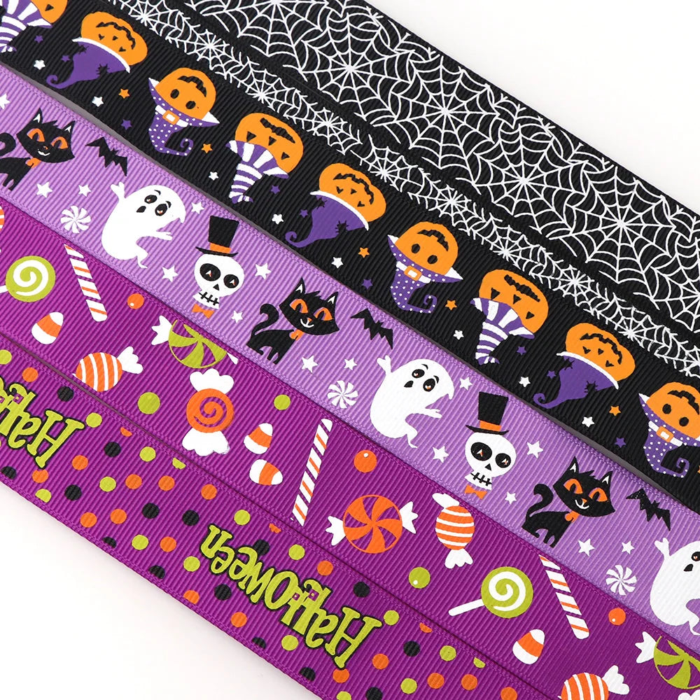 5Y/lot  Halloween Theme Grosgrain Ribbon Pumpkin Ghost 25/10mmPrinted Ribbon Holiday Decorations Materials Home Textile Ribbon