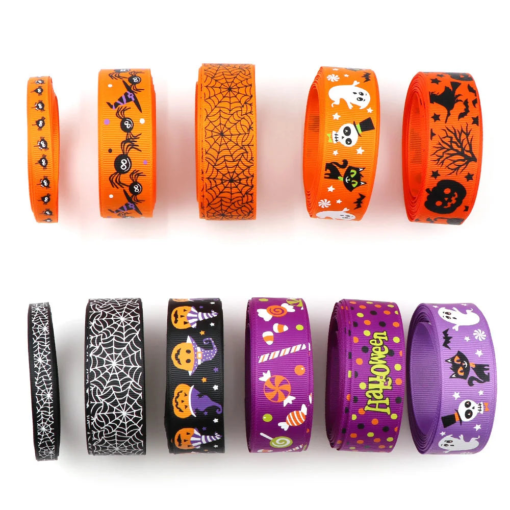 5Y/lot  Halloween Theme Grosgrain Ribbon Pumpkin Ghost 25/10mmPrinted Ribbon Holiday Decorations Materials Home Textile Ribbon