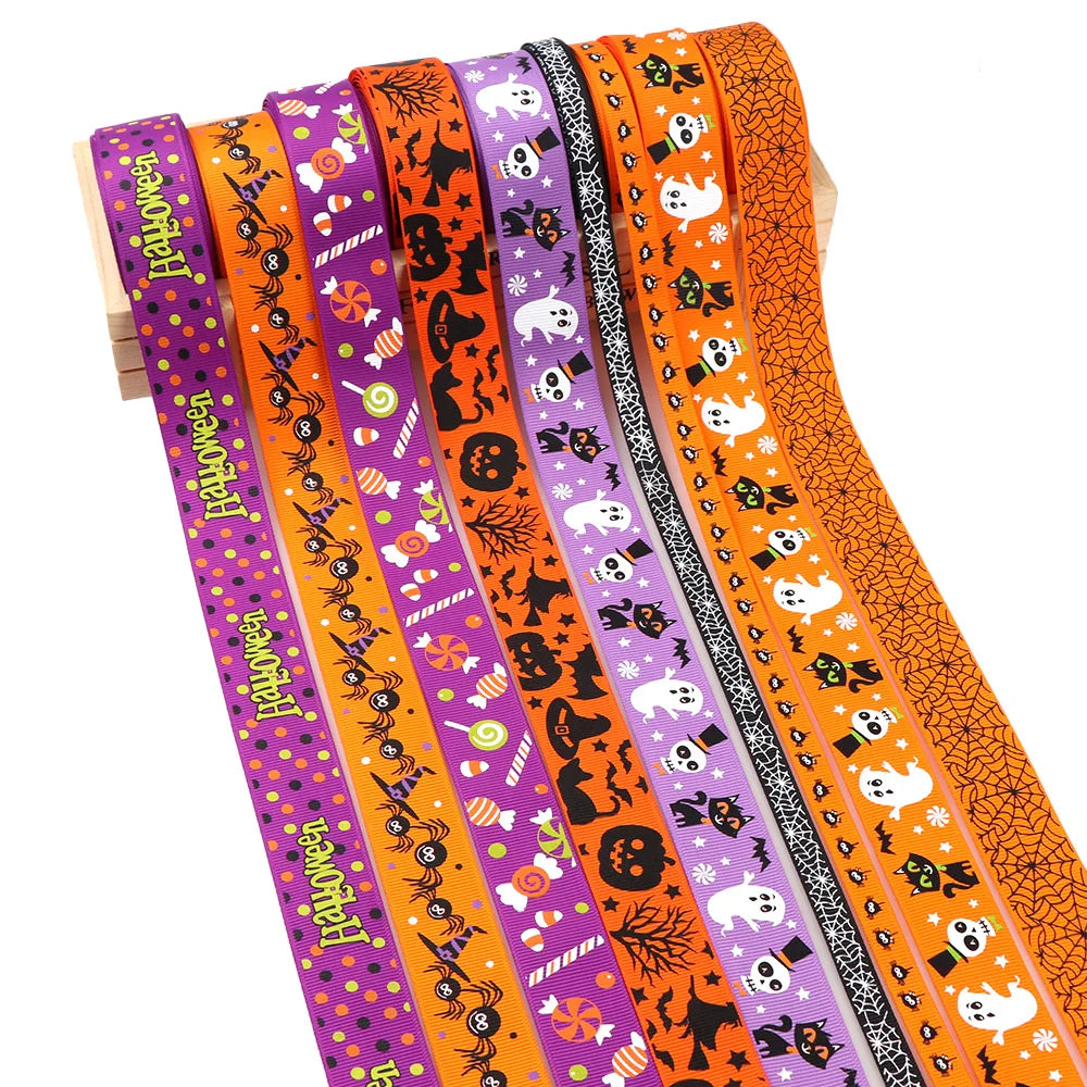 5Y/lot  Halloween Theme Grosgrain Ribbon Pumpkin Ghost 25/10mmPrinted Ribbon Holiday Decorations Materials Home Textile Ribbon