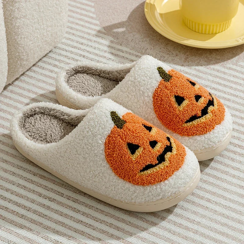 Smile Pumpkin Halloween Women's Slippers Winter Indoor Cartoon Comfort Home Bedroom Soft Causal Flat Plush Shoes for Gift