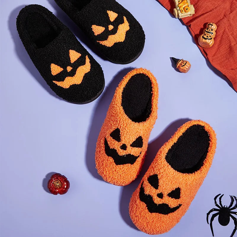 Halloween Pumpkin Slippers Women Men Finger Embroidery Spiders Warm Cotton Slippers Plush Anti Slip Resistant Couple Slippers