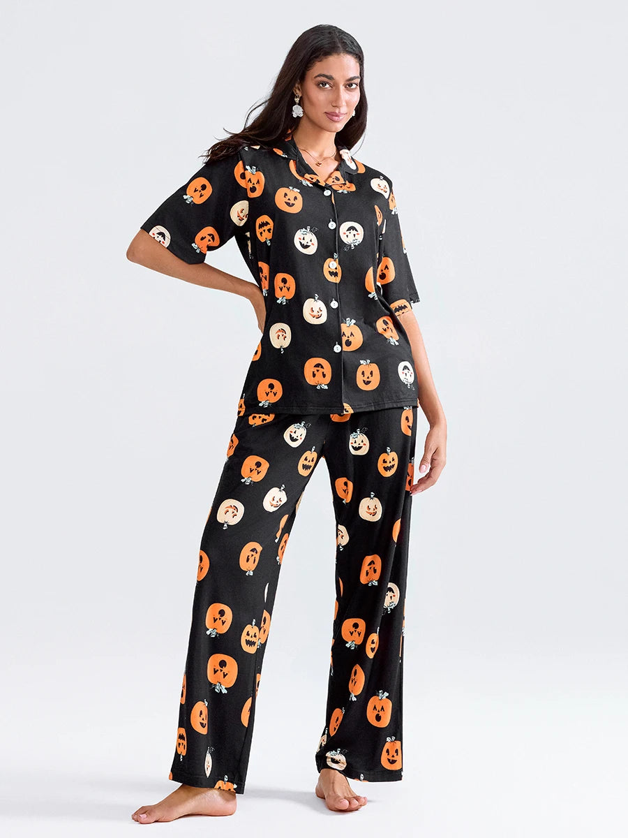 Women Halloween Pajama Sets Pumpkin Print Short Sleeve Button Closure Shirt with Elastic Waist Pants Sleepwear Loungewear Pjs