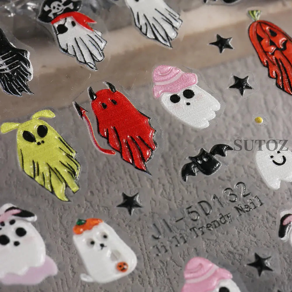 5D Embossed Ghost Nail Art Stickers Halloween Cartoon Pumpkin Skull Nail Decals Spider Web Daisy Sliders For Manicure NTJI-5D131