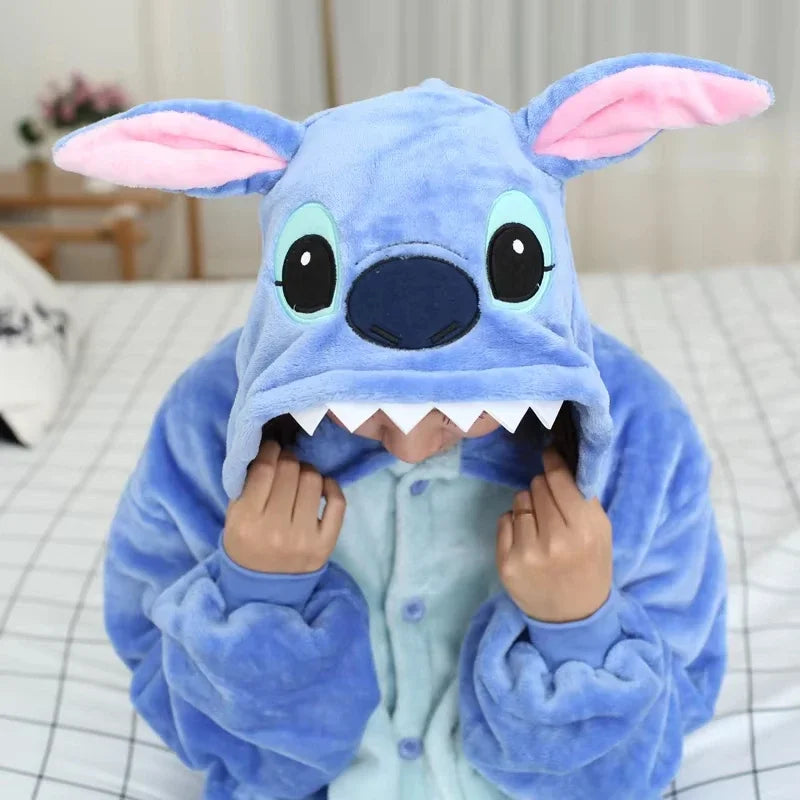 Disney Stitch Winter Adult Jumpsuit Men's and Women's Sleepwear Set Integrated Halloween Christmas Hooded Cartoon Jumpsuit