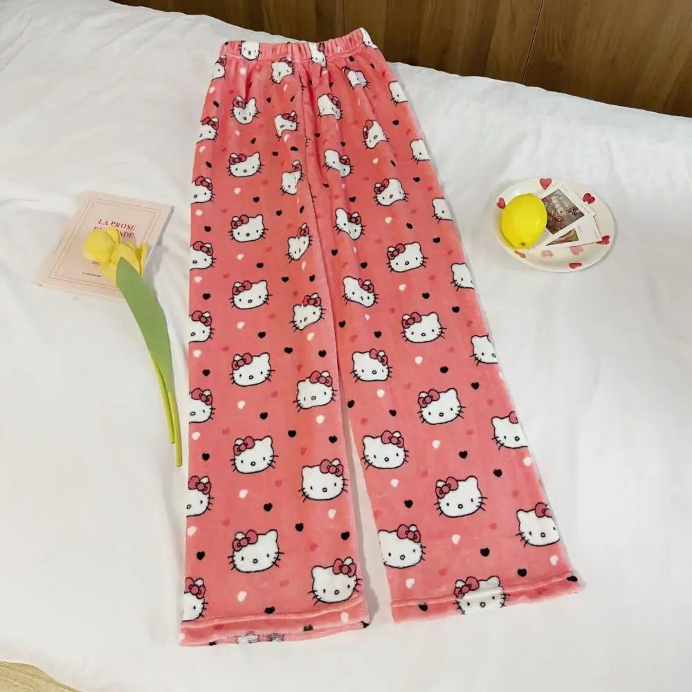 Halloween Cartoon Hello Kitty Women's Plush Pajamas Pants Anime Sanrio Halloween Cosplay Pants Plush Insulation Casual Home Wear