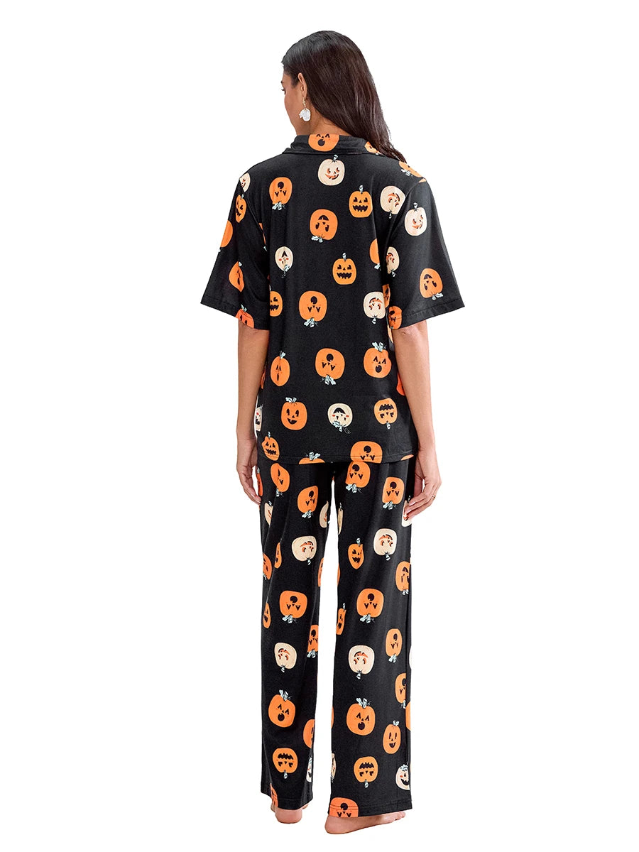 Women Halloween Pajama Sets Pumpkin Print Short Sleeve Button Closure Shirt with Elastic Waist Pants Sleepwear Loungewear Pjs