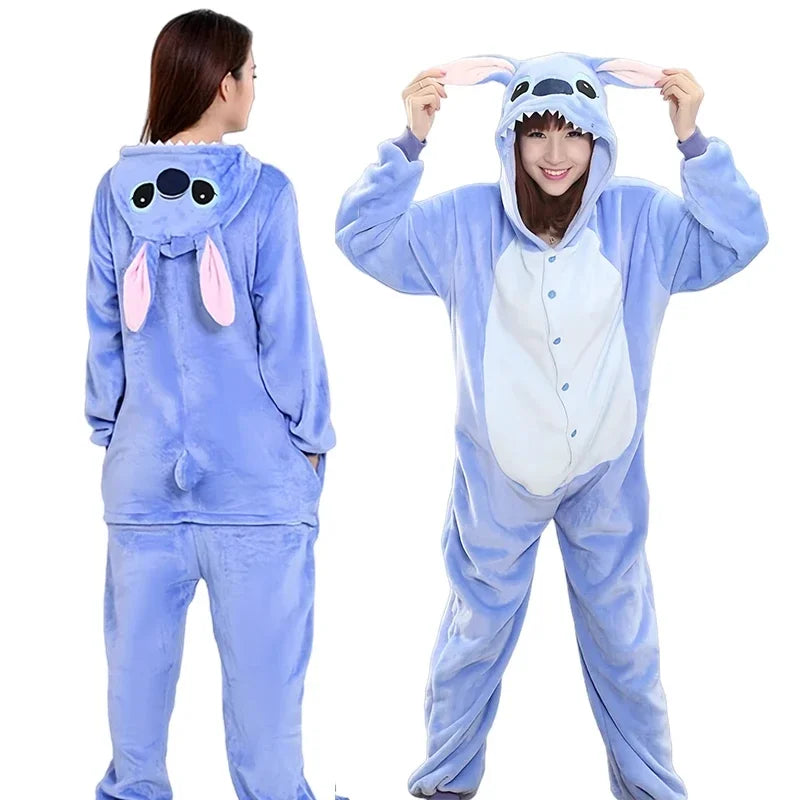 Disney Stitch Winter Adult Jumpsuit Men's and Women's Sleepwear Set Integrated Halloween Christmas Hooded Cartoon Jumpsuit