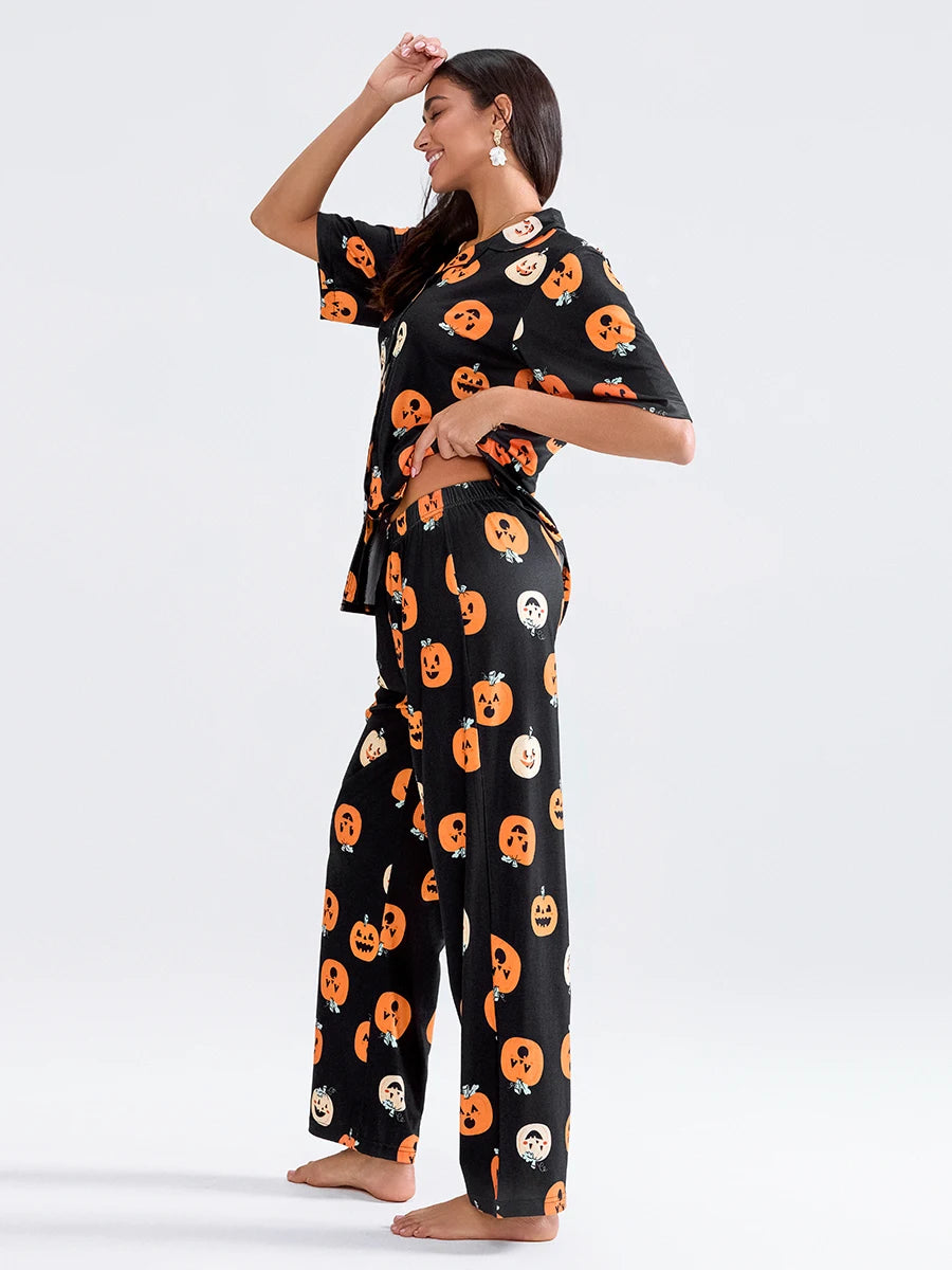 Women Halloween Pajama Sets Pumpkin Print Short Sleeve Button Closure Shirt with Elastic Waist Pants Sleepwear Loungewear Pjs