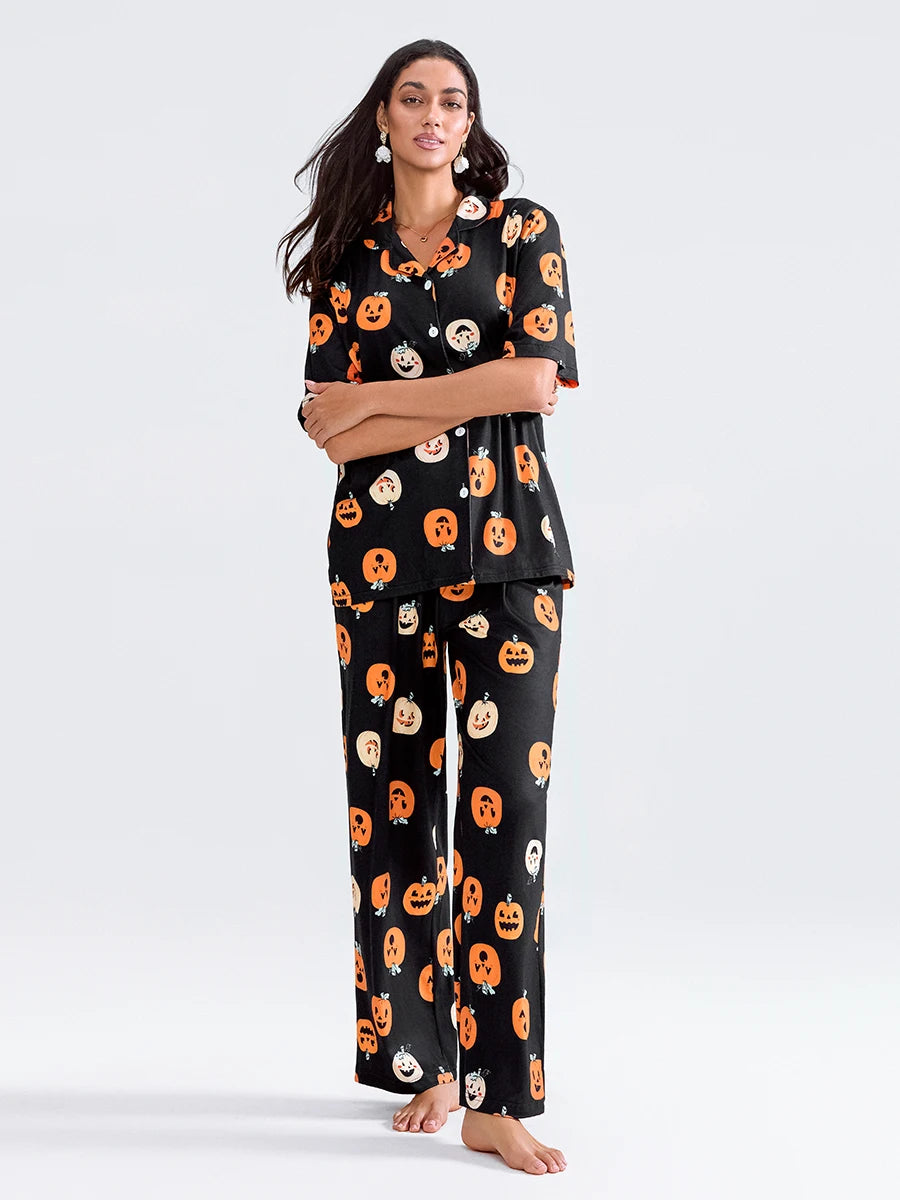 Women Halloween Pajama Sets Pumpkin Print Short Sleeve Button Closure Shirt with Elastic Waist Pants Sleepwear Loungewear Pjs