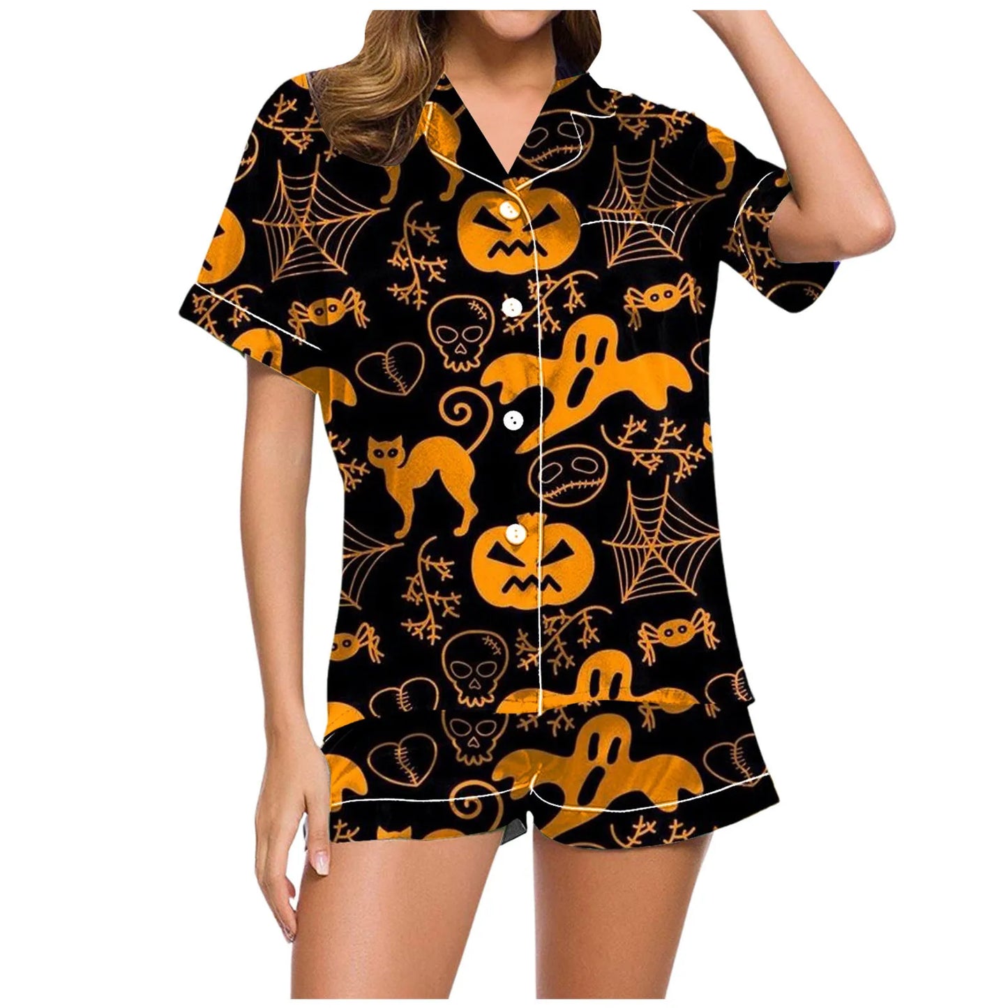 2024 hot 2 pieces Pajamas Shorts Set Pants Set for Women Ladies Casual Halloween pumpkin Printed Loungewear comfortable sets