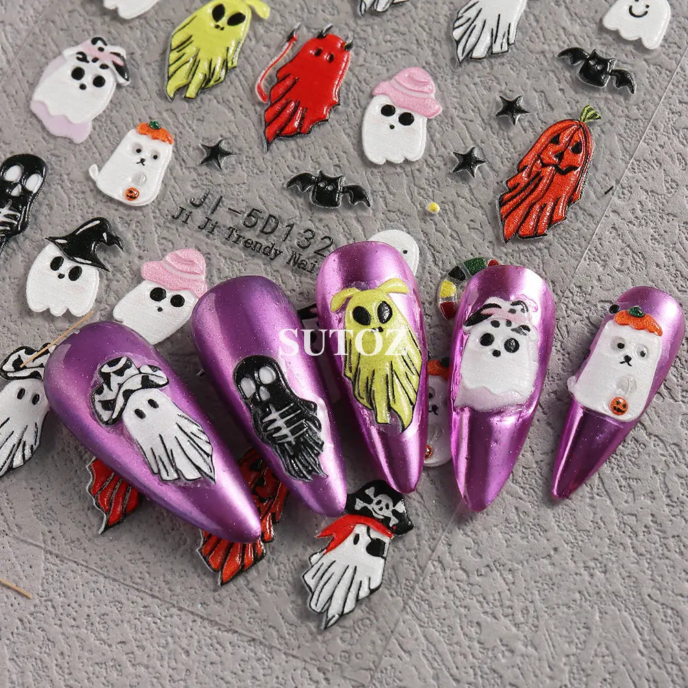 5D Embossed Ghost Nail Art Stickers Halloween Cartoon Pumpkin Skull Nail Decals Spider Web Daisy Sliders For Manicure NTJI-5D131