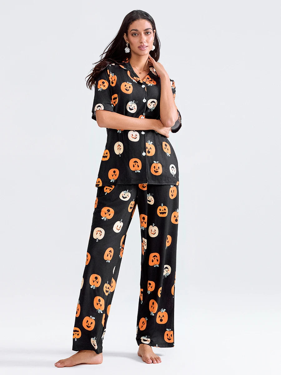 Women Halloween Pajama Set Pumpkin Print Short Sleeve Button Closure Shirt with Pants Sleepwear Loungewear