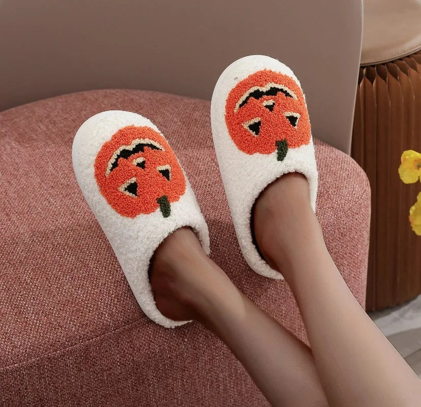 Smile Pumpkin Halloween Women's Slippers Winter Indoor Cartoon Comfort Home Bedroom Soft Causal Flat Plush Shoes for Gift