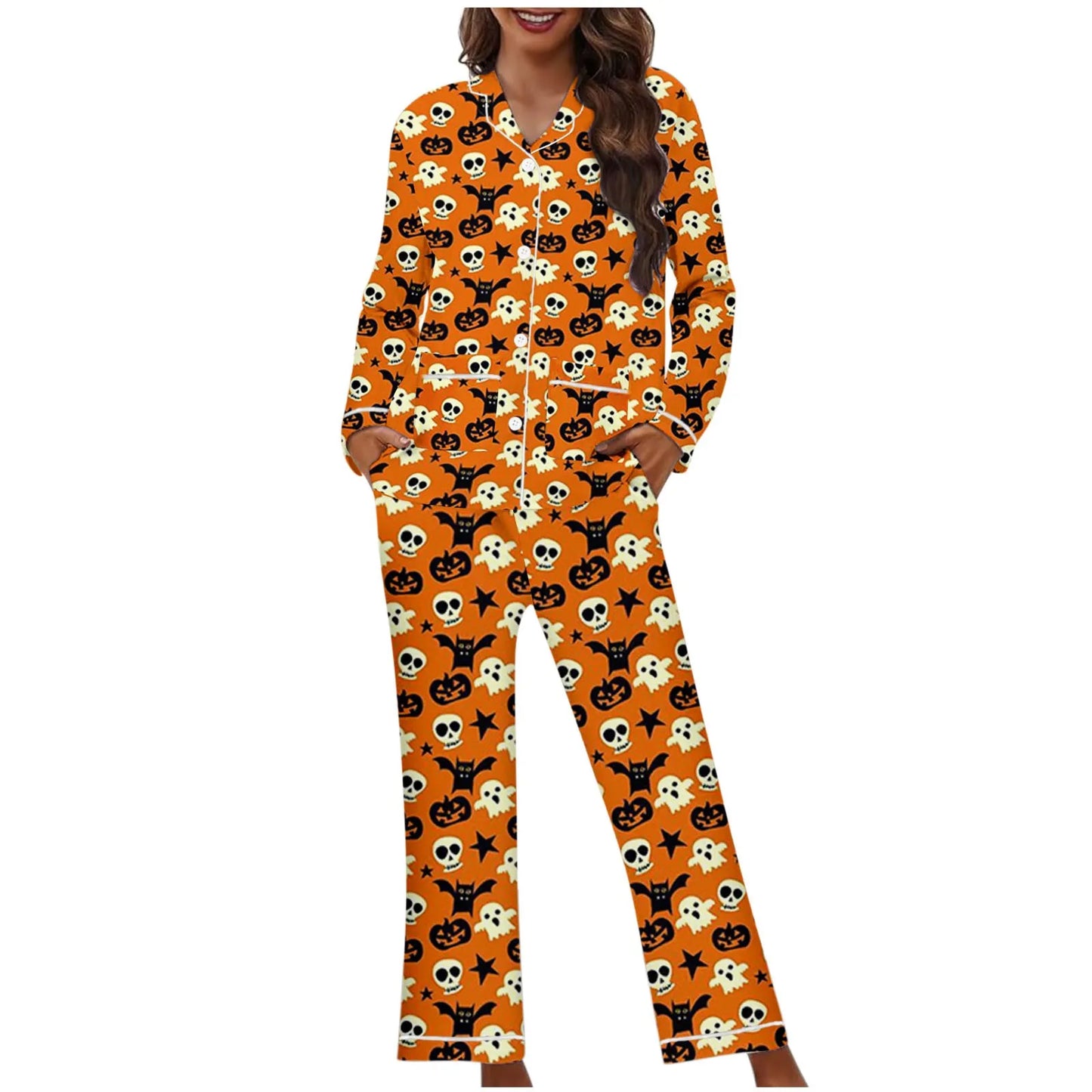 Women Halloween 2 Pieces Pajama Set Pumpkin Print Short Sleeve Button Closure Shirt with Pants Autumn Sleepwear Loungewear