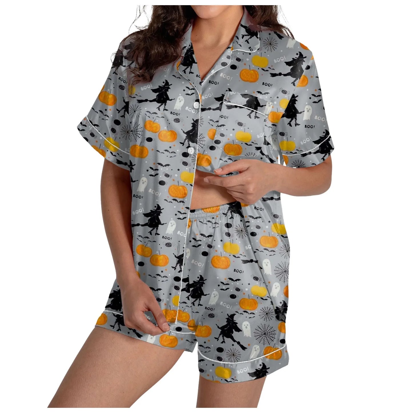 Women Halloween Pajama Set Ghost Pumpkin Print Short Sleeve Button Closure Top with Shorts 2 Pieces Outfits Sleepwear Loungewear