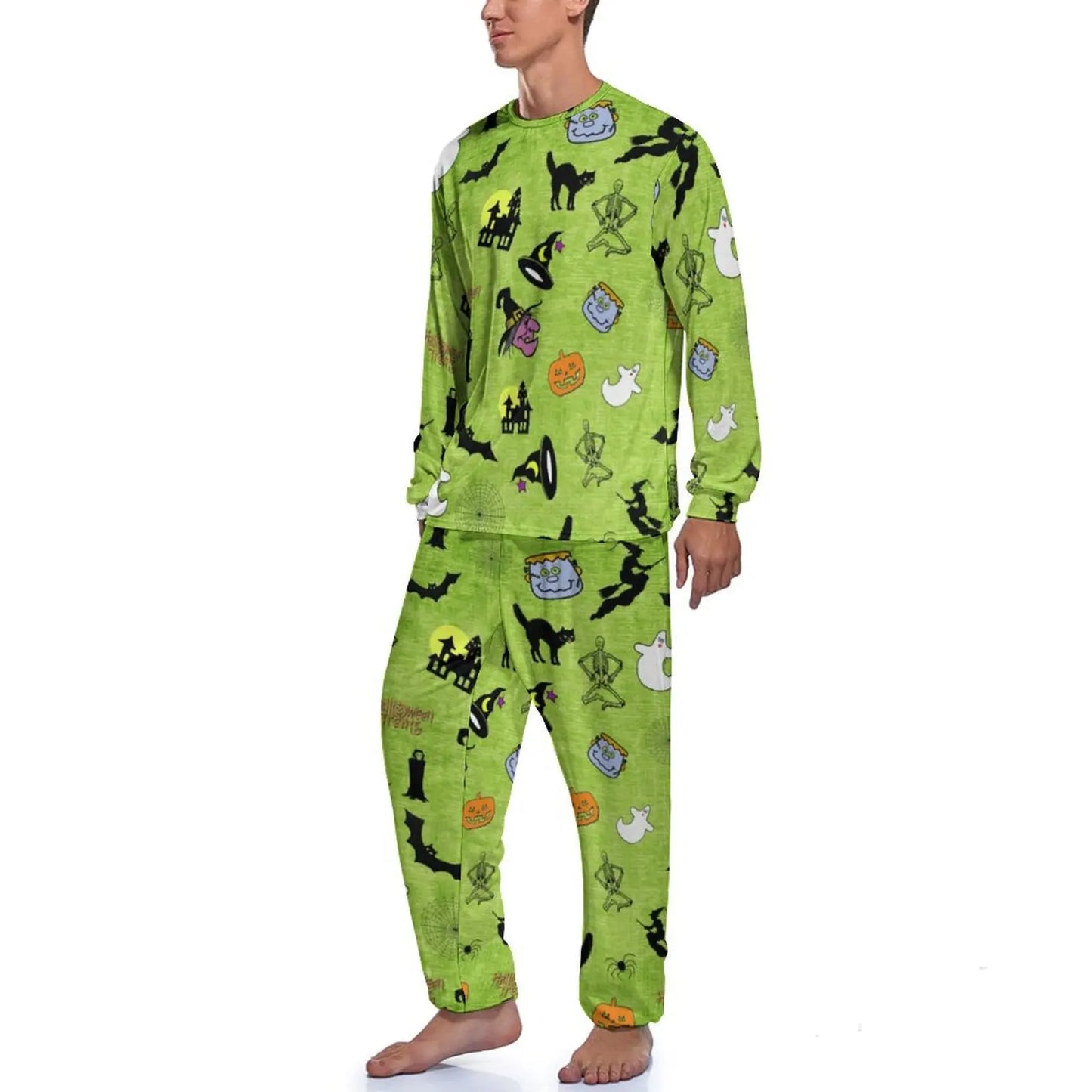 Black Cat Print Pajamas Autumn 2 Pieces Halloween Bats Elegant Pajama Sets Man Long Sleeves Sleep Graphic Sleepwear