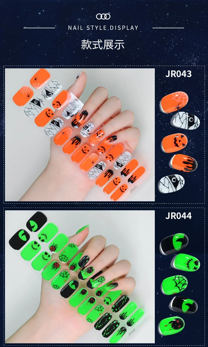 24Tips Halloween Semi Cure Nail Wraps Enhancer Luminous Nail Strips Adhesive Pumpkin Skull Gel Nails Stickers for UV Lamp Need