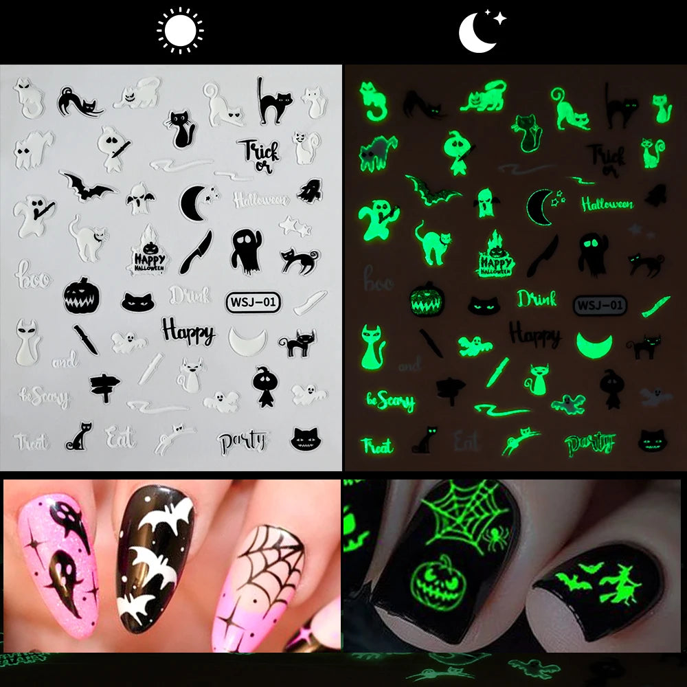 1PCS Glow In The Dark Halloween Nail Art Sticker Luminous 3D Adhesive Slider Spider Web Sliders Skull  Manicure Decal Decoration