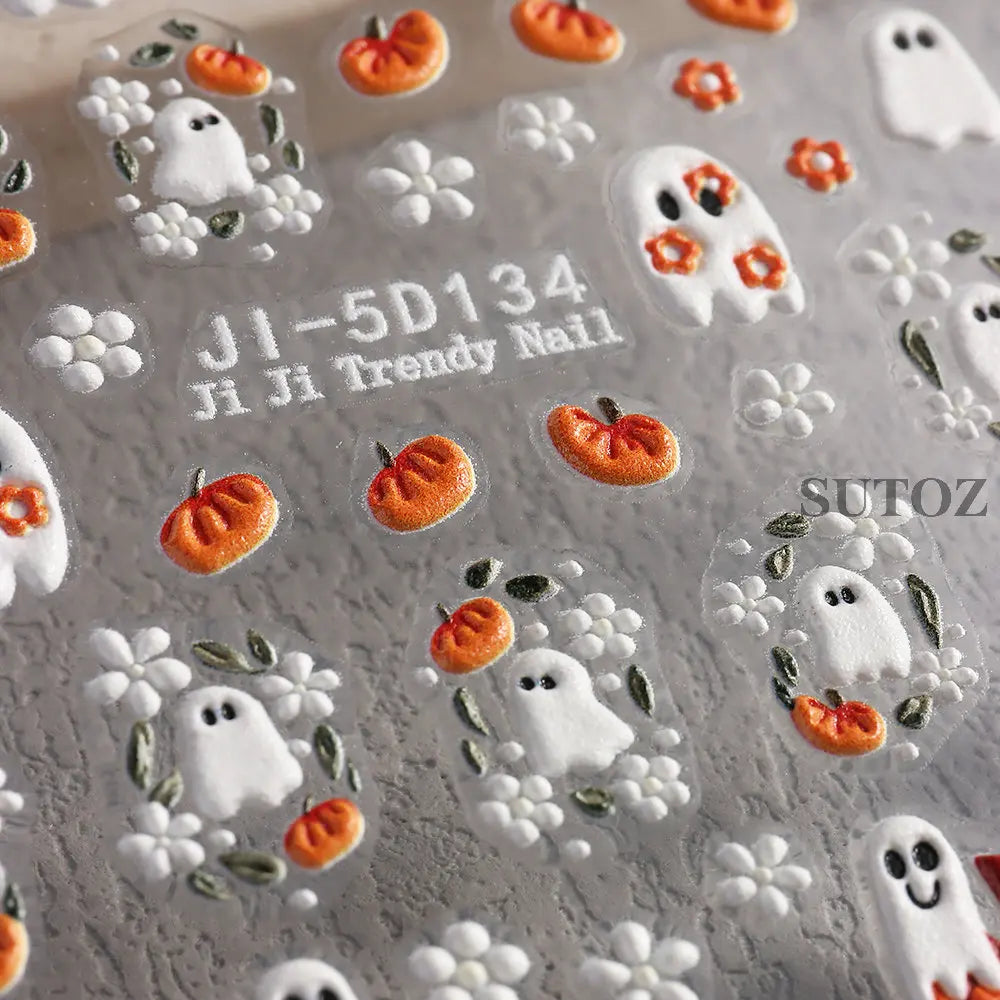 5D Embossed Ghost Nail Art Stickers Halloween Cartoon Pumpkin Skull Nail Decals Spider Web Daisy Sliders For Manicure NTJI-5D131