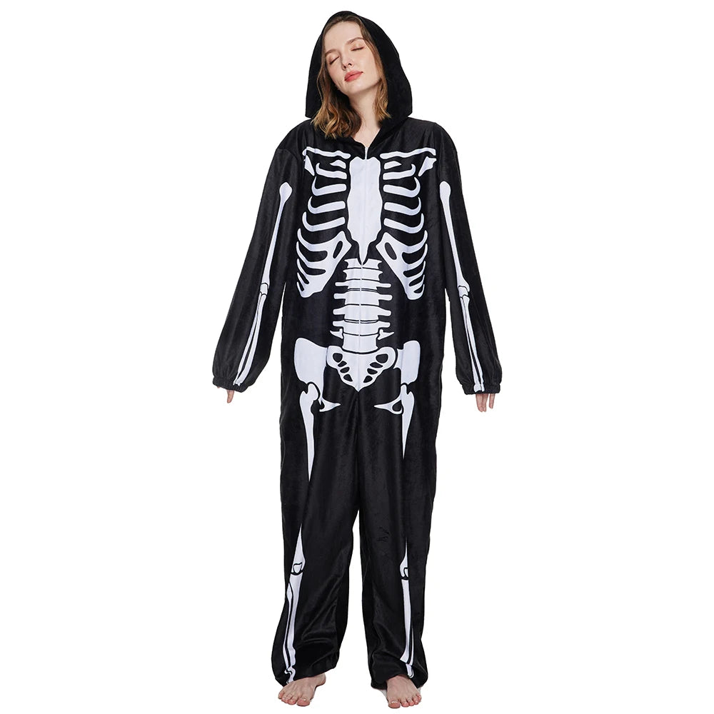 Eraspooky Adult Skeleton Pajamas Women Onesie Hooded Men Sleepwear Halloween Costume Couple Jumpsuits Carnival Purim Fancy Dress