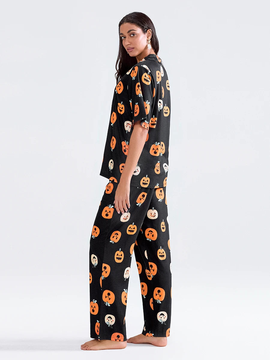 Women Halloween Pajama Set Pumpkin Print Short Sleeve Button Closure Shirt with Pants Sleepwear Loungewear