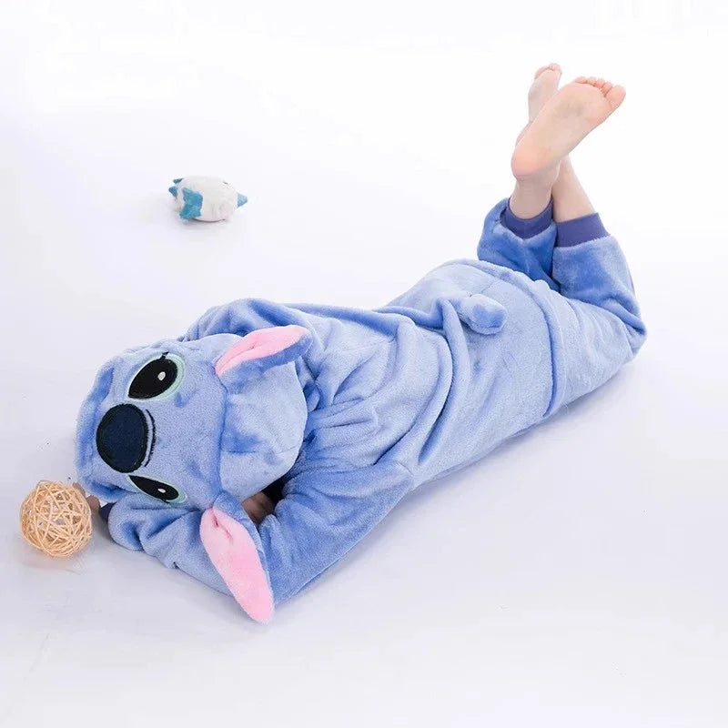 Disney Stitch Winter Adult Jumpsuit Men's and Women's Sleepwear Set Integrated Halloween Christmas Hooded Cartoon Jumpsuit