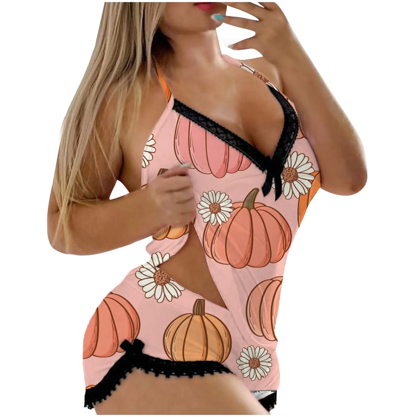 Halloween Sexy Sleepwear 2 Piece Set Women Sleeveless Crop Top Gothic Pumpkin Printed Tops Camisole Shorts Lingerie Nightwear