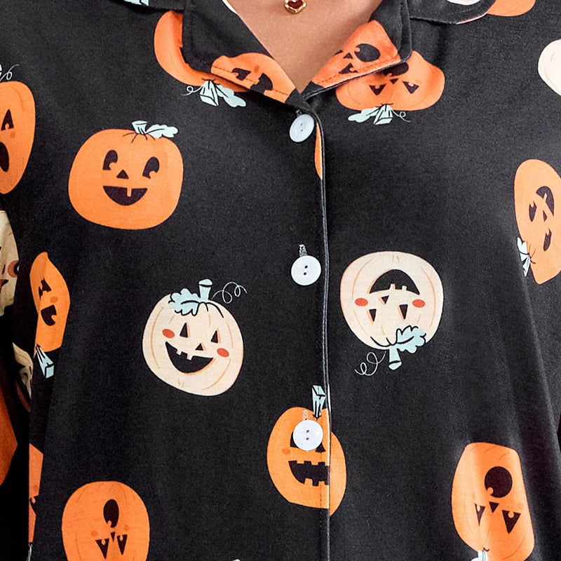 Women Halloween Pajama Sets Pumpkin Print Short Sleeve Button Closure Shirt with Elastic Waist Pants Sleepwear Loungewear Pjs