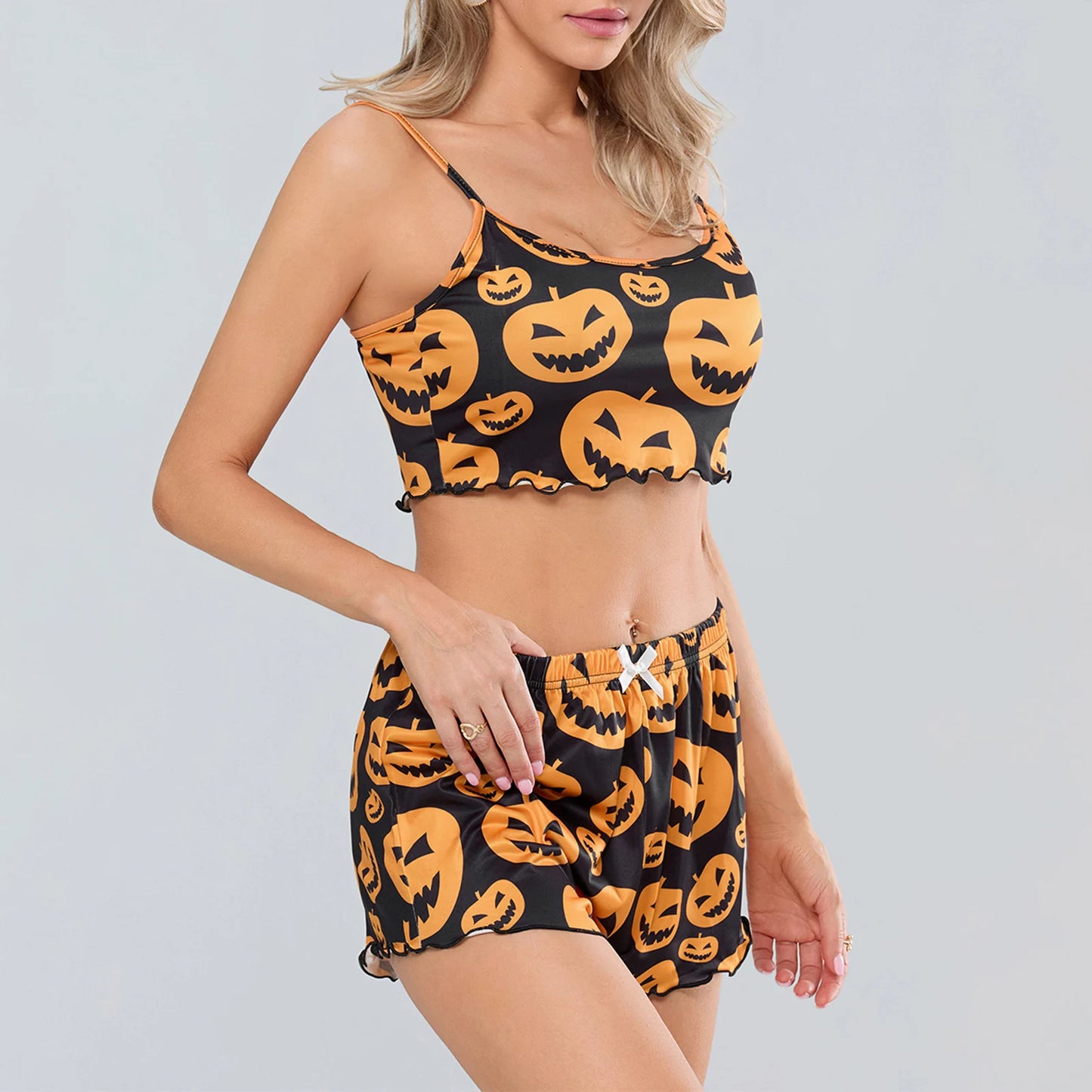 Women's Halloween Pajamas Sets Sexy Pumpkin Print Sleeveless Cami Tops with Elastic Waist Shorts Loungewear Sleepwear Outfits