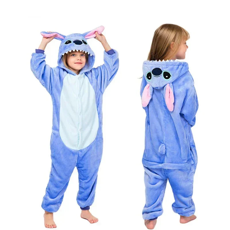 2024 Disney Stitch Pajama Anime Cartoon Cute Kids Flannel Costumes for Boys and Girls Cosplay Halloween Hooded Pajama Sets