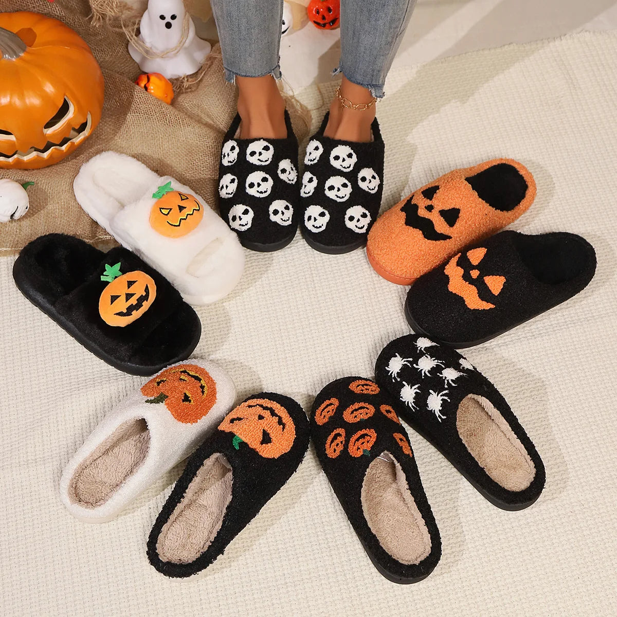 Halloween Pumpkin Slippers Women Men Finger Embroidery Spiders Warm Cotton Slippers Plush Anti Slip Resistant Couple Slippers