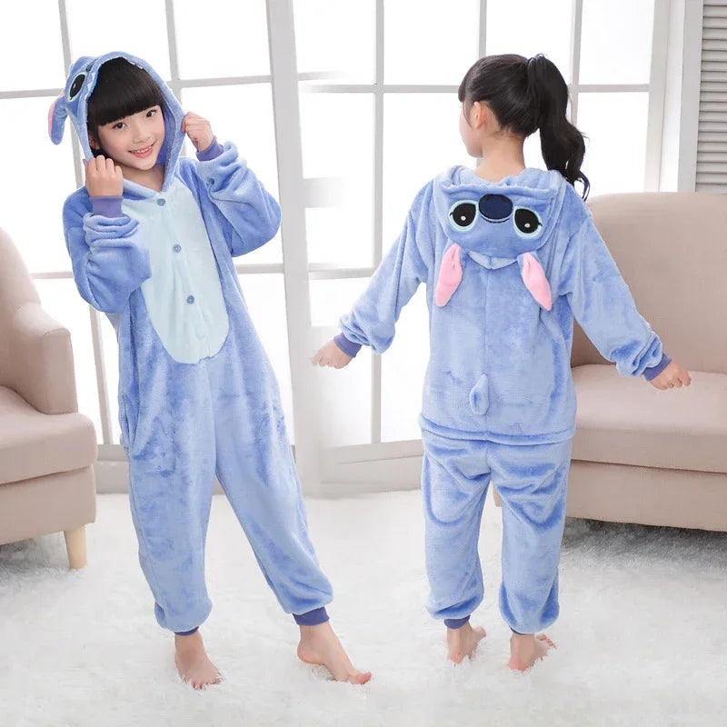 2024 Disney Stitch Pajama Anime Cartoon Cute Kids Flannel Costumes for Boys and Girls Cosplay Halloween Hooded Pajama Sets