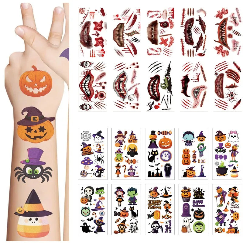 10Pcs Halloween Ghost Temporary Tattoo Stickers Horror Lips Bat Pumpkin Candy Tattoos Stickers Waterproof Funny For Kids Gift