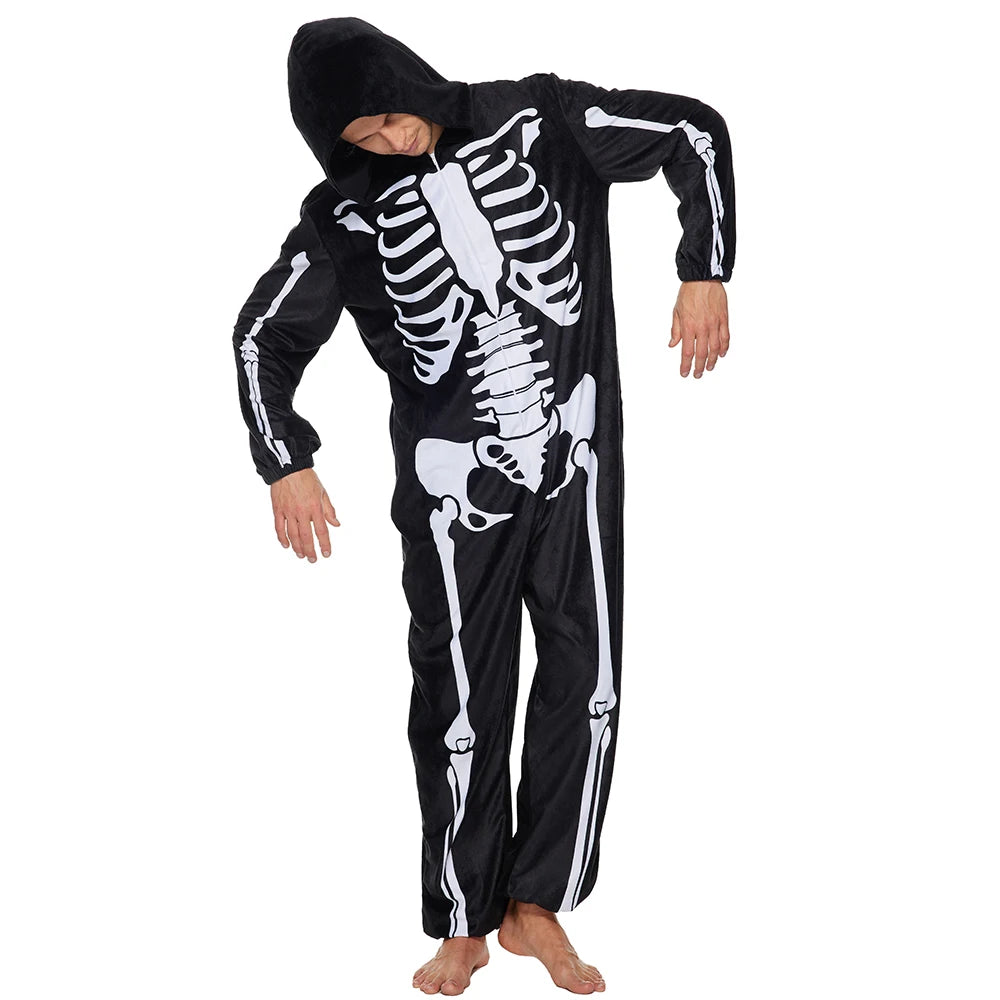 Eraspooky Adult Skeleton Pajamas Women Onesie Hooded Men Sleepwear Halloween Costume Couple Jumpsuits Carnival Purim Fancy Dress