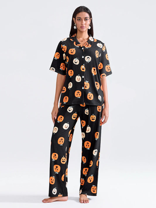 Women Halloween Pajama Sets Pumpkin Print Short Sleeve Button Closure Shirt with Elastic Waist Pants Sleepwear Loungewear Pjs