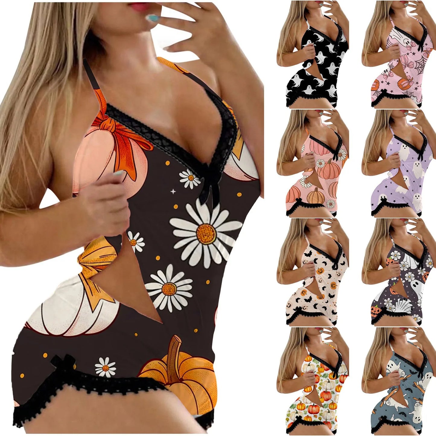 Halloween Sexy Sleepwear 2 Piece Set Women Sleeveless Crop Top Gothic Pumpkin Printed Tops Camisole Shorts Lingerie Nightwear