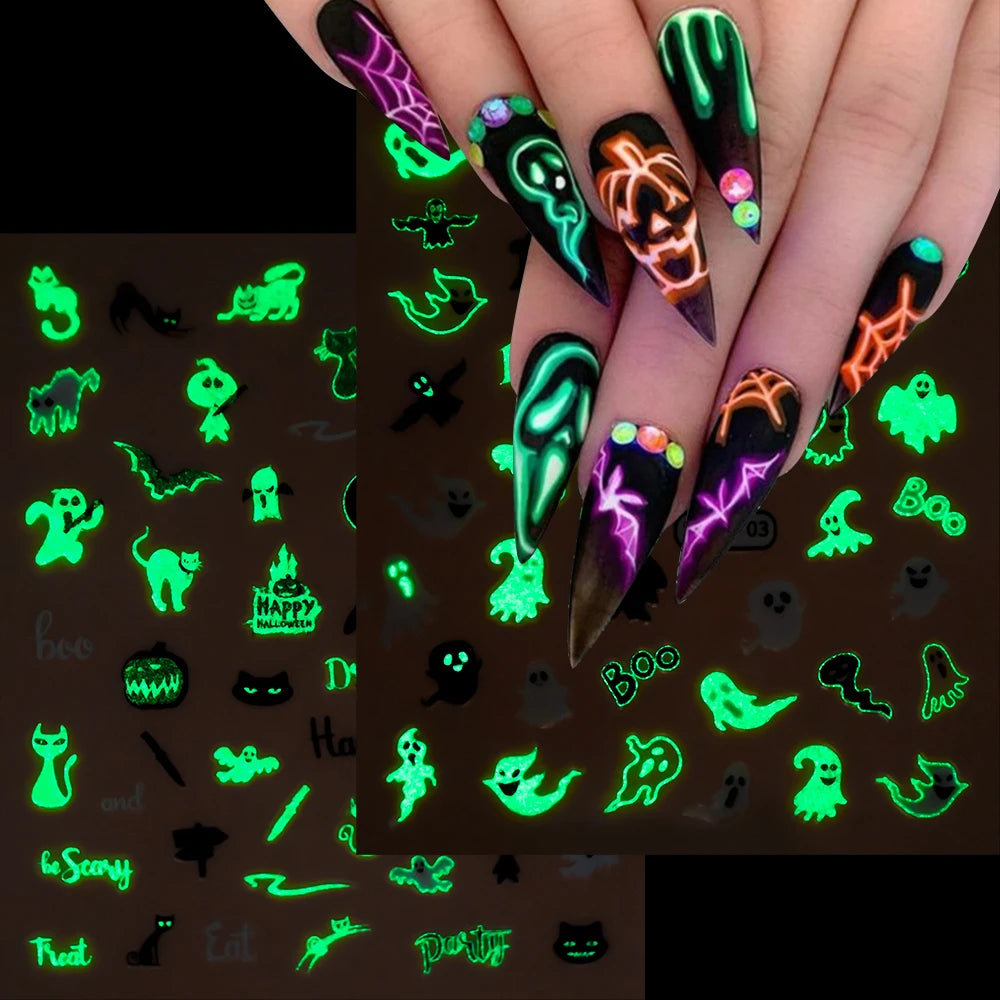 1PCS Glow In The Dark Halloween Nail Art Sticker Luminous 3D Adhesive Slider Spider Web Sliders Skull  Manicure Decal Decoration