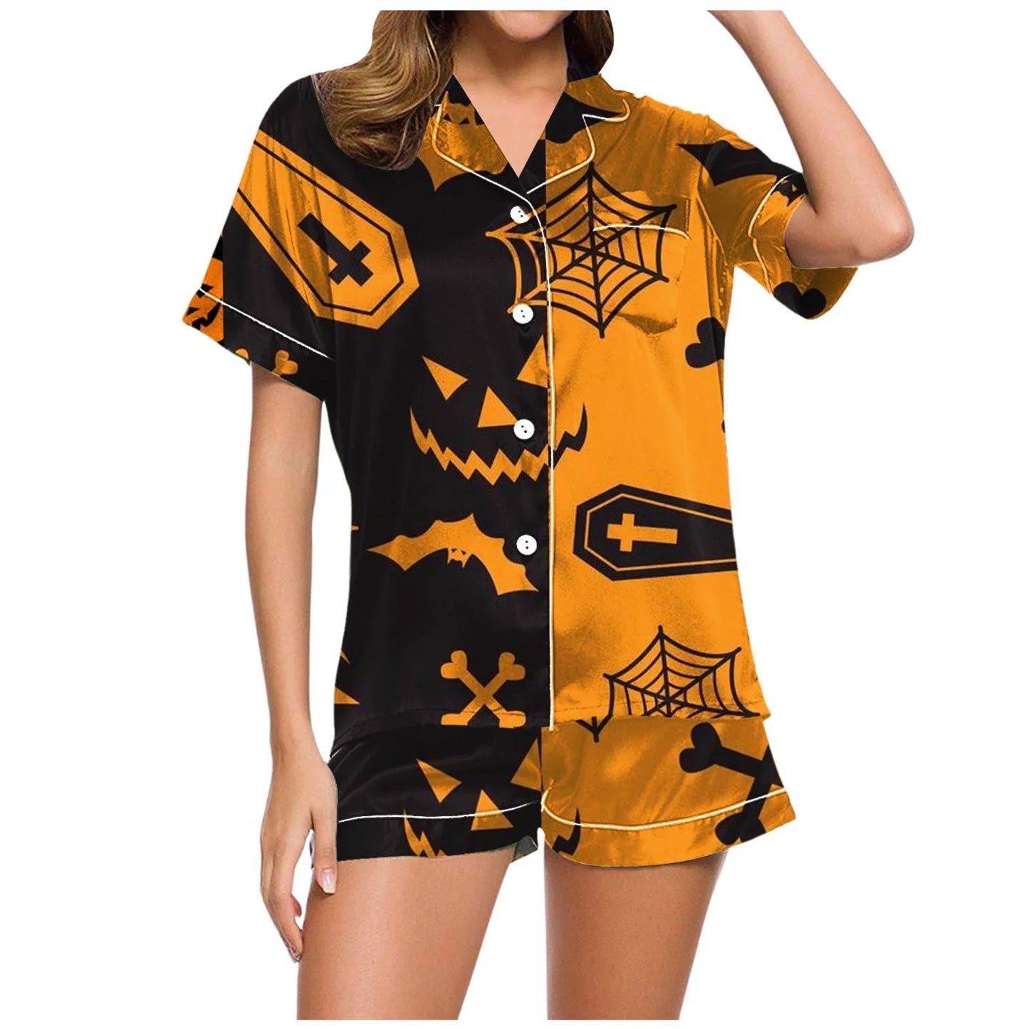 2024 hot 2 pieces Pajamas Shorts Set Pants Set for Women Ladies Casual Halloween pumpkin Printed Loungewear comfortable sets