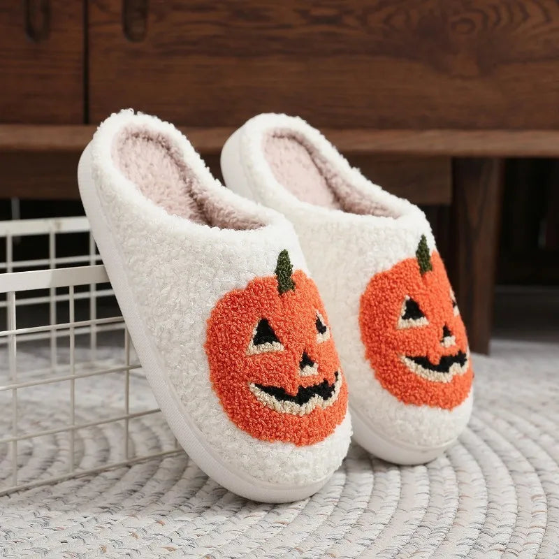 Smile Pumpkin Halloween Women's Slippers Winter Indoor Cartoon Comfort Home Bedroom Soft Causal Flat Plush Shoes for Gift