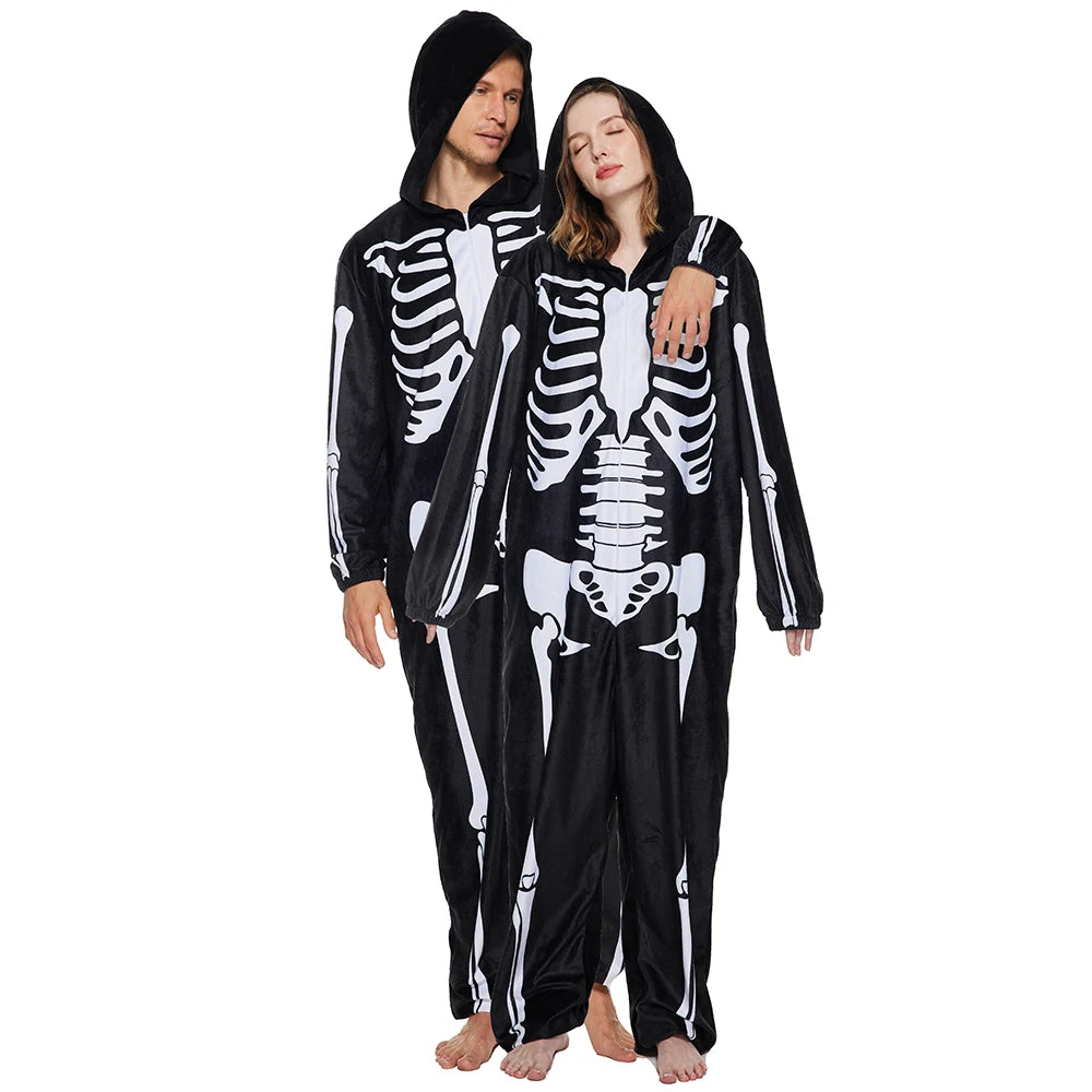 Eraspooky Adult Skeleton Pajamas Women Onesie Hooded Men Sleepwear Halloween Costume Couple Jumpsuits Carnival Purim Fancy Dress