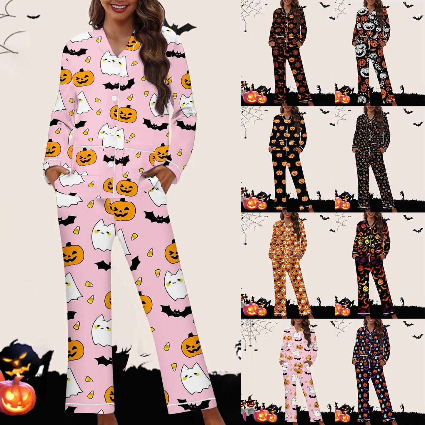 Women Halloween 2 Pieces Pajama Set Pumpkin Print Short Sleeve Button Closure Shirt with Pants Autumn Sleepwear Loungewear