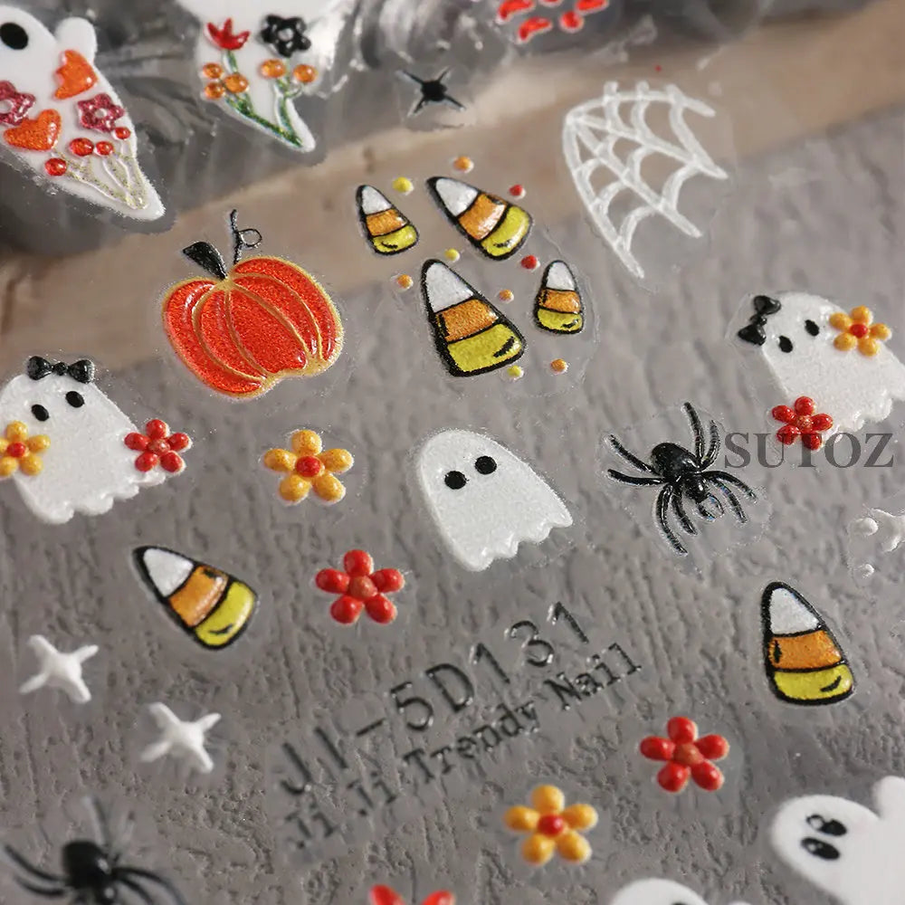 5D Embossed Ghost Nail Art Stickers Halloween Cartoon Pumpkin Skull Nail Decals Spider Web Daisy Sliders For Manicure NTJI-5D131