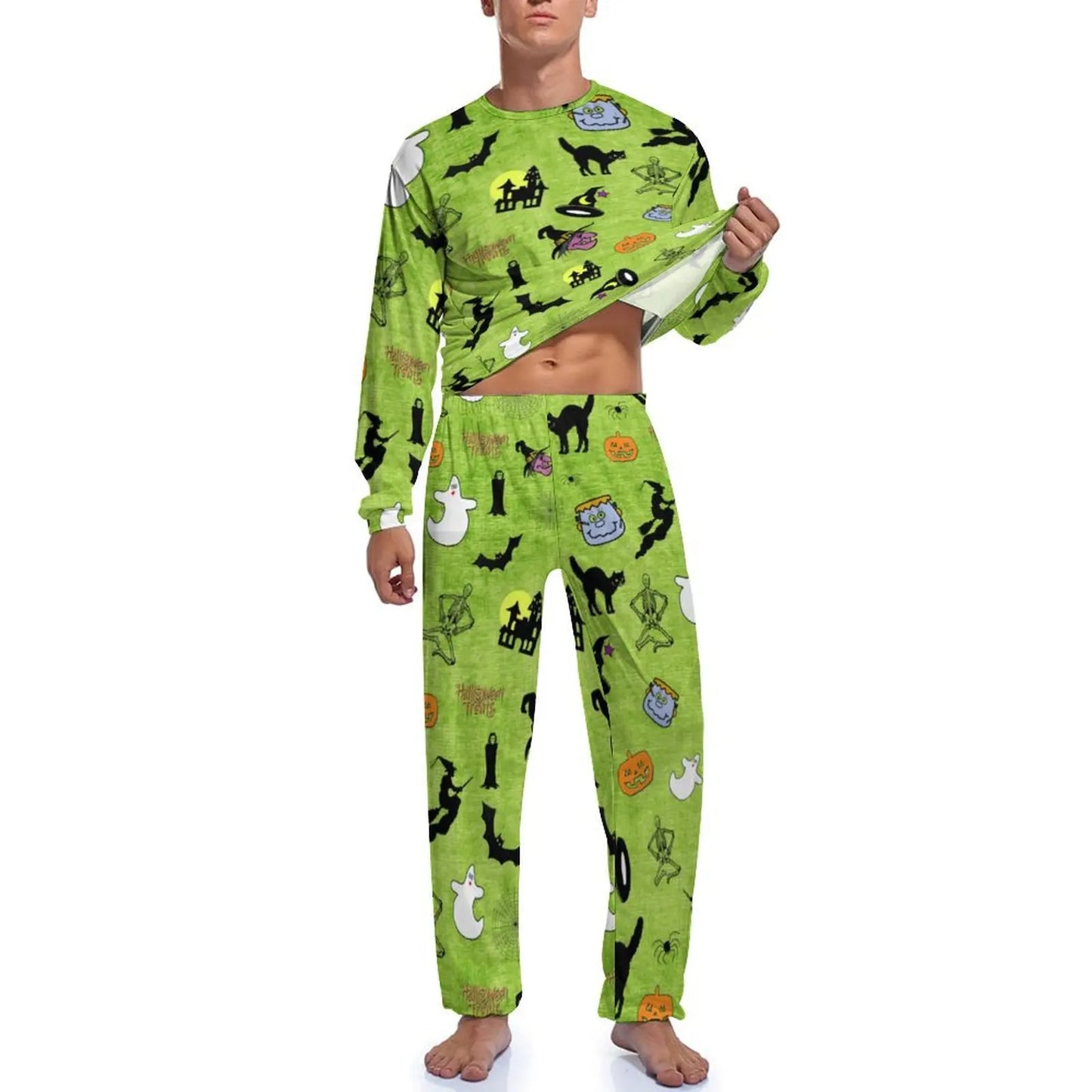 Black Cat Print Pajamas Autumn 2 Pieces Halloween Bats Elegant Pajama Sets Man Long Sleeves Sleep Graphic Sleepwear