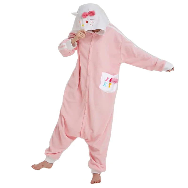 Hello Kitty Onesie Cartoon Cosplay Costume for Women Pajamas One-Piece Pijamas Halloween Kigurumi Christmas Full Body Clothes