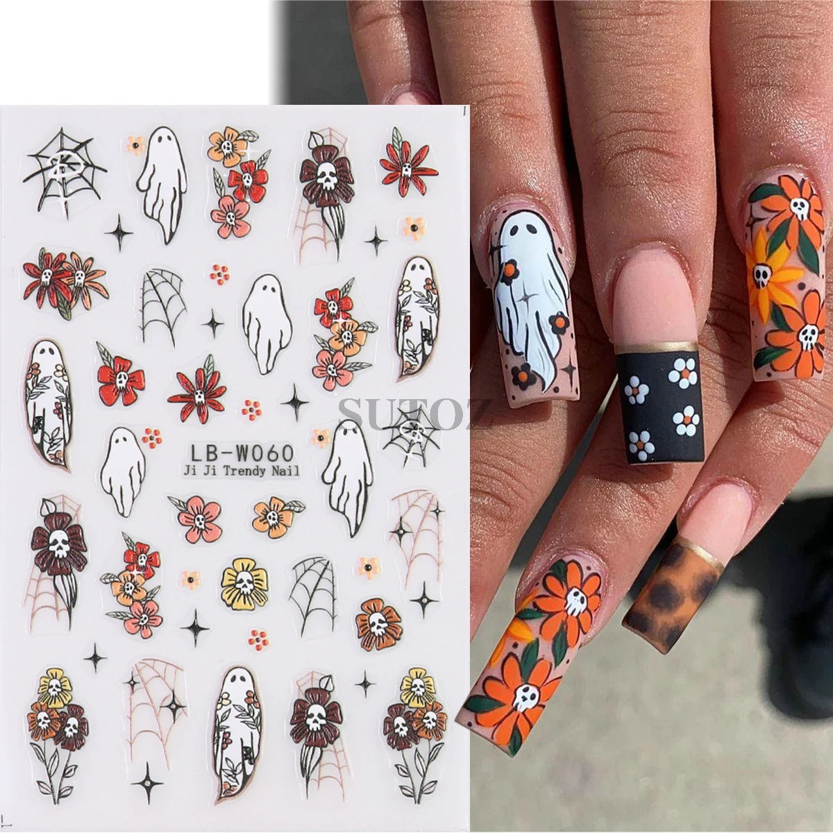 5D Embossed Ghost Nail Art Stickers Halloween Cartoon Pumpkin Skull Nail Decals Spider Web Daisy Sliders For Manicure NTJI-5D131