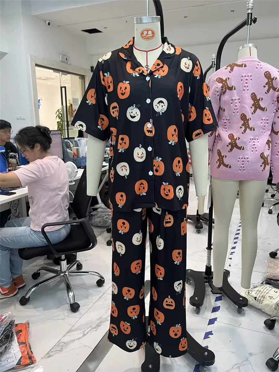 Women Halloween Pajama Sets Pumpkin Print Short Sleeve Button Closure Shirt with Elastic Waist Pants Sleepwear Loungewear Pjs