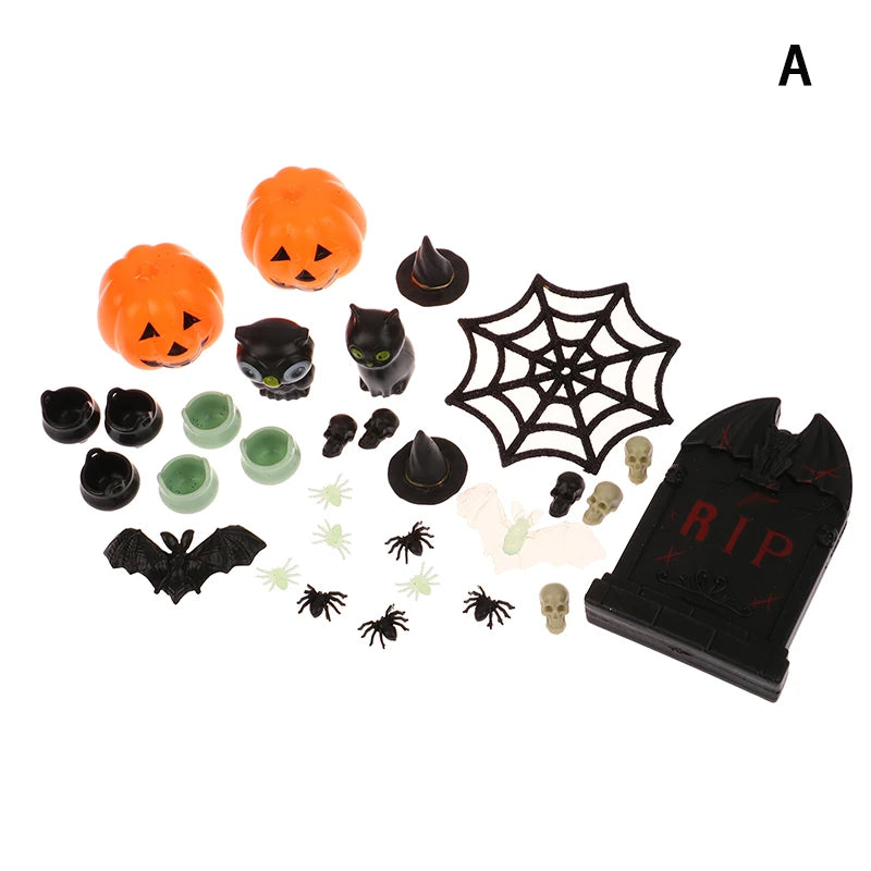 1Set Doll House Halloween witch hat/Boiler jar Pumpkin Plastic mini decoration DIY Ghost Festival toy Holiday Party Horror Prop