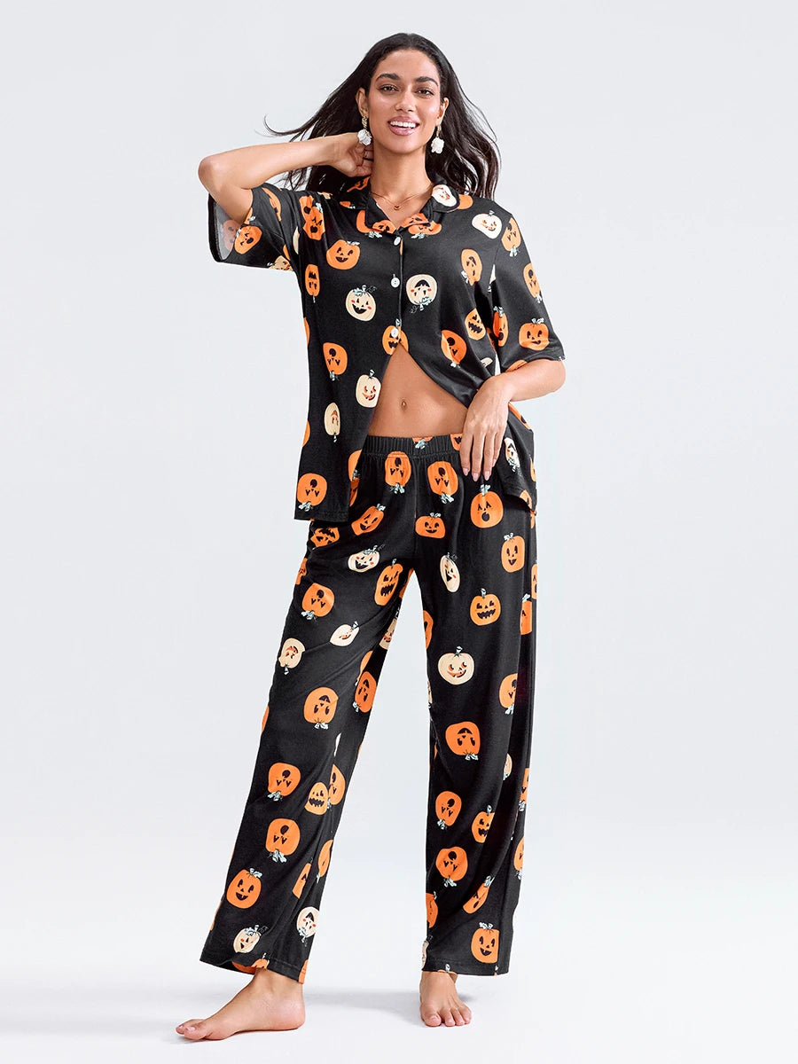 Women Halloween Pajama Sets Pumpkin Print Short Sleeve Button Closure Shirt with Elastic Waist Pants Sleepwear Loungewear Pjs