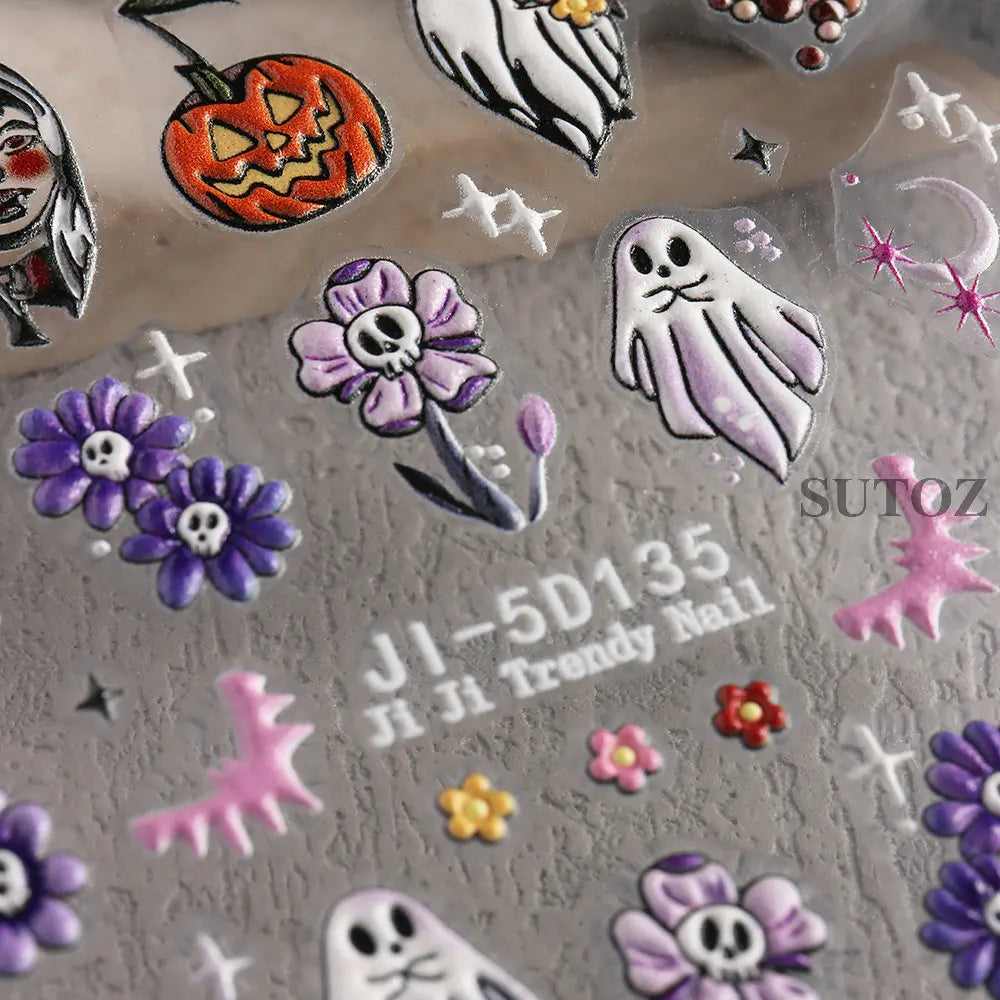 5D Embossed Ghost Nail Art Stickers Halloween Cartoon Pumpkin Skull Nail Decals Spider Web Daisy Sliders For Manicure NTJI-5D131